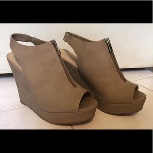 Beige/tan sling back platform wedge heel